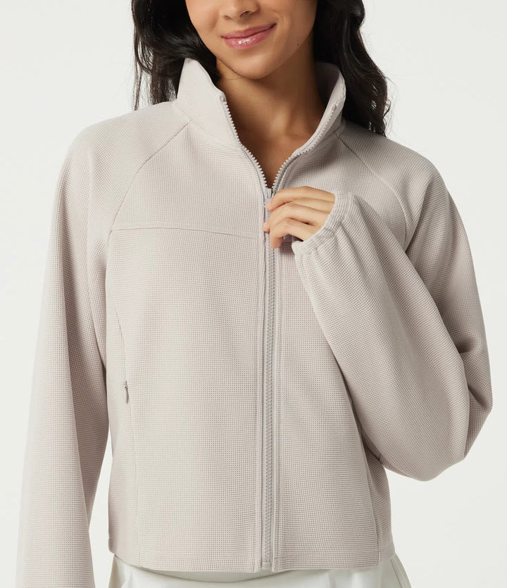 Stand Collar Raglan Long Sleeve Waffle Casual Windbreaker Jacket with Pockets