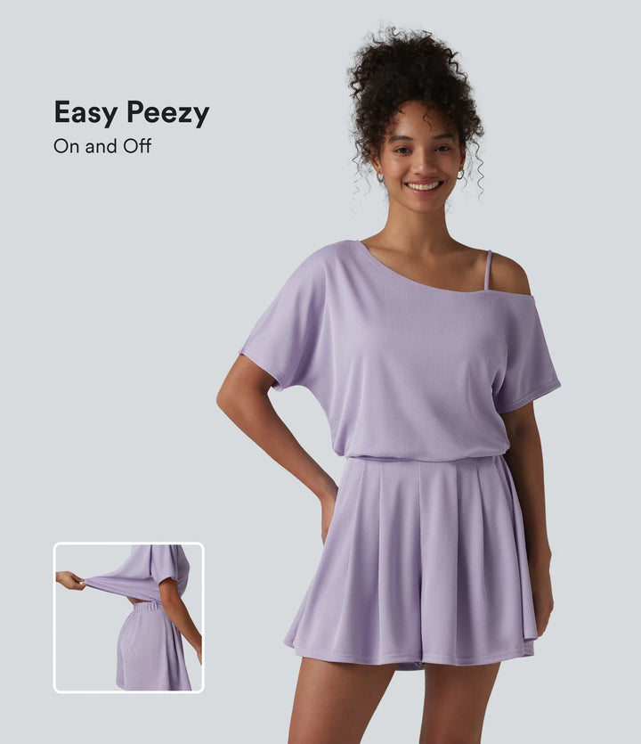 One Shoulder Short Sleeve Pleated Waffle Casual Playsuit with Pockets-Easy Peezy Edition