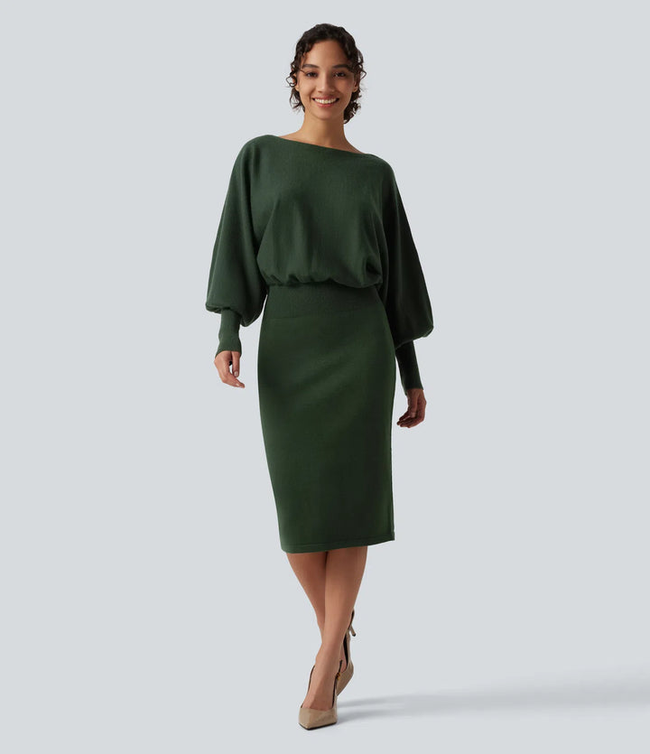 Boat Neck Puff Long Sleeve Work Jumper Dress