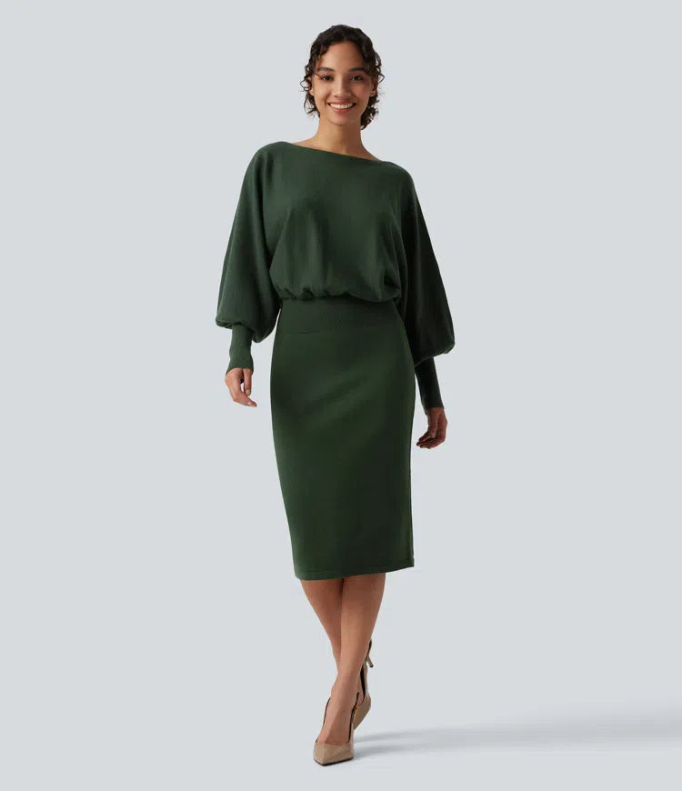 Boat Neck Puff Long Sleeve Work Jumper Dress