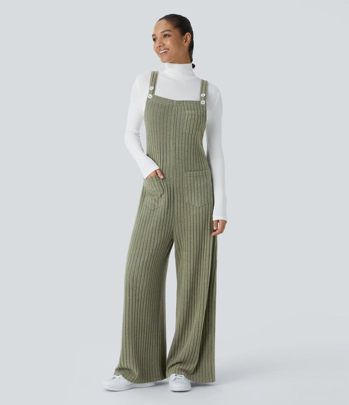 Ribbed Knit Pockets Fleece Casual Dungarees