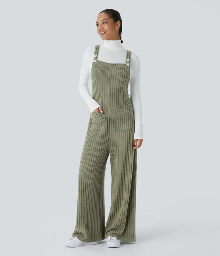 Ribbed Knit Pockets Fleece Casual Dungarees