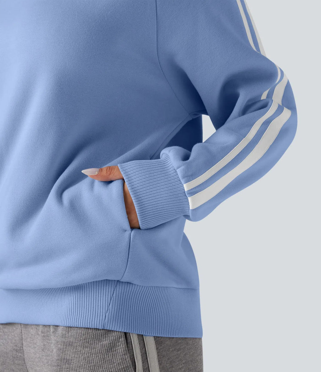 Round Neck Long Sleeve Color Block Fleece Casual Sweatshirt with Pockets
