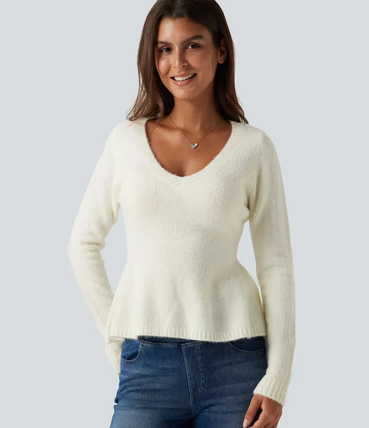 V Neck Long Sleeve Ruffle Hem Slim Casual Jumper