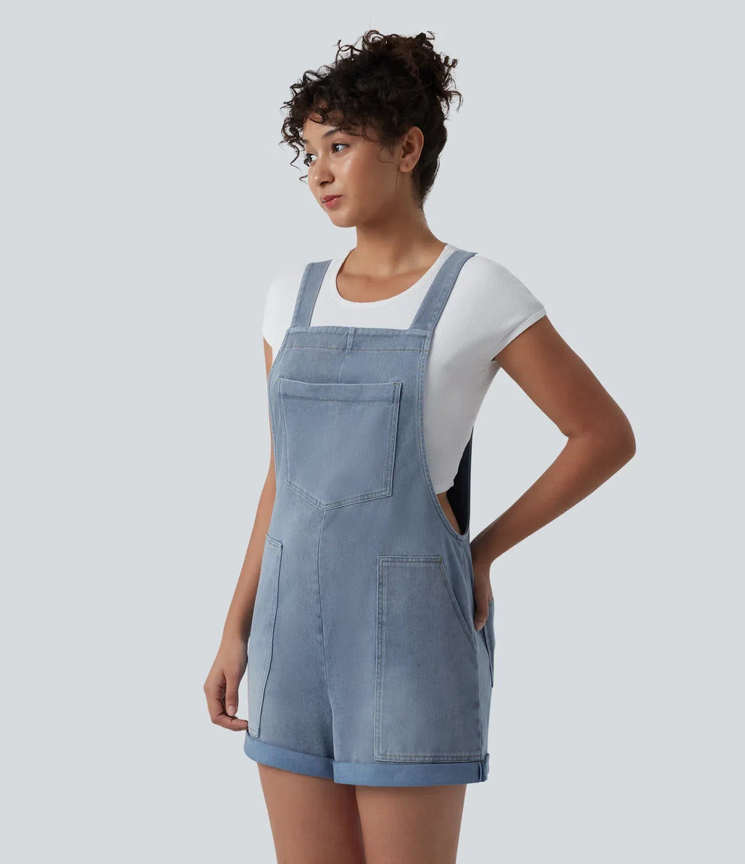Halara Flex Square Neck Rolled Hem Denim Casual Short Overalls with Pockets