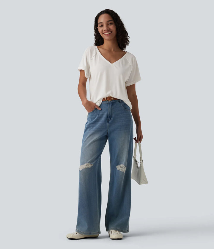 V Neck Raglan Short Sleeve Relaxed Casual T-Shirt
