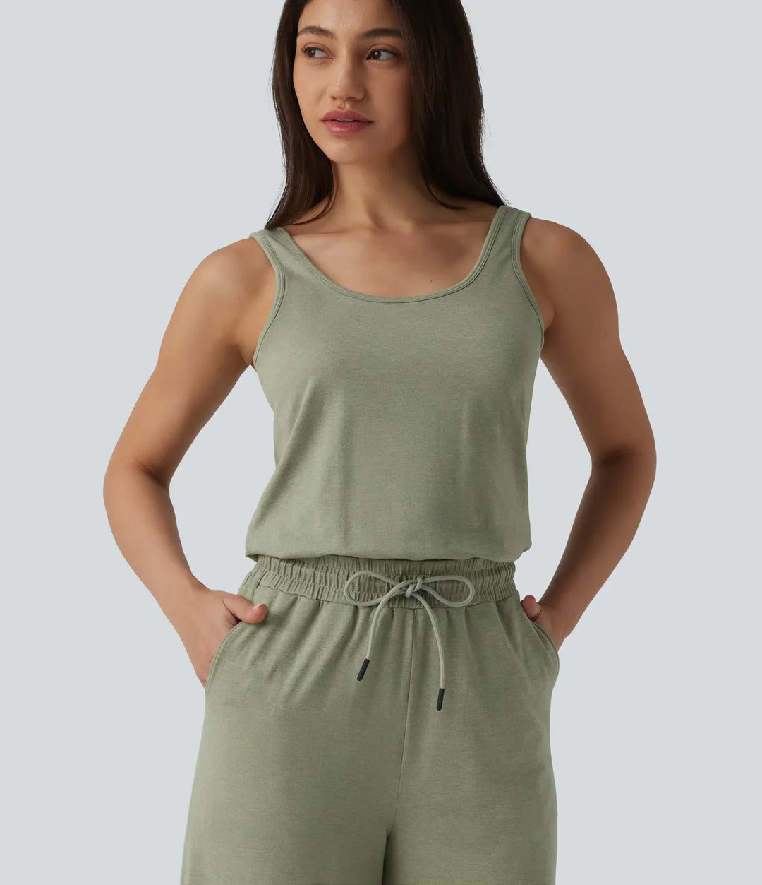 U-Neck Sleeveless Drawstring Heathered Casual Baggy Jumpsuit with Pockets-Easy Peezy