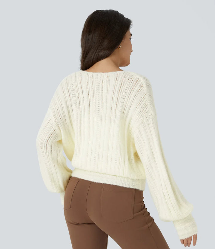 Sheer V Neck Long Sleeve Work Jumper-Front and Back Wearable