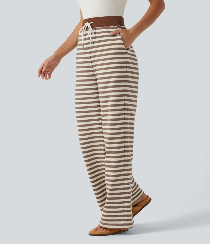Mid Rise Drawstring Stripe Wide Leg Lounging Sweattrousers with Pockets