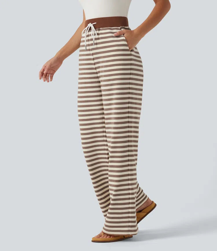 Mid Rise Drawstring Stripe Wide Leg Lounging Sweattrousers with Pockets