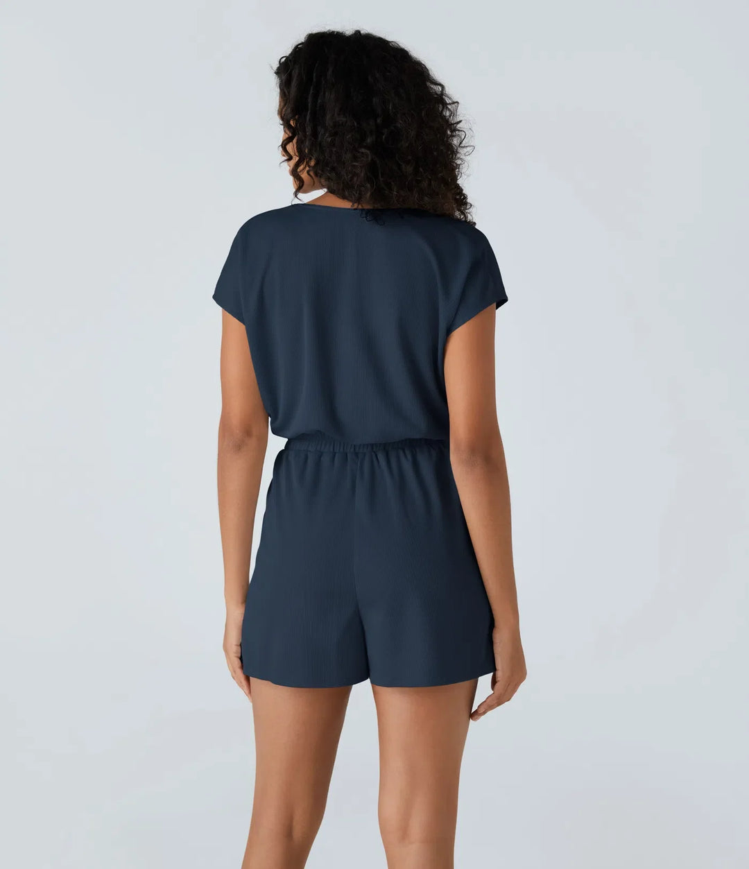 V Neck Short Sleeve Pocket Waffle Casual Romper