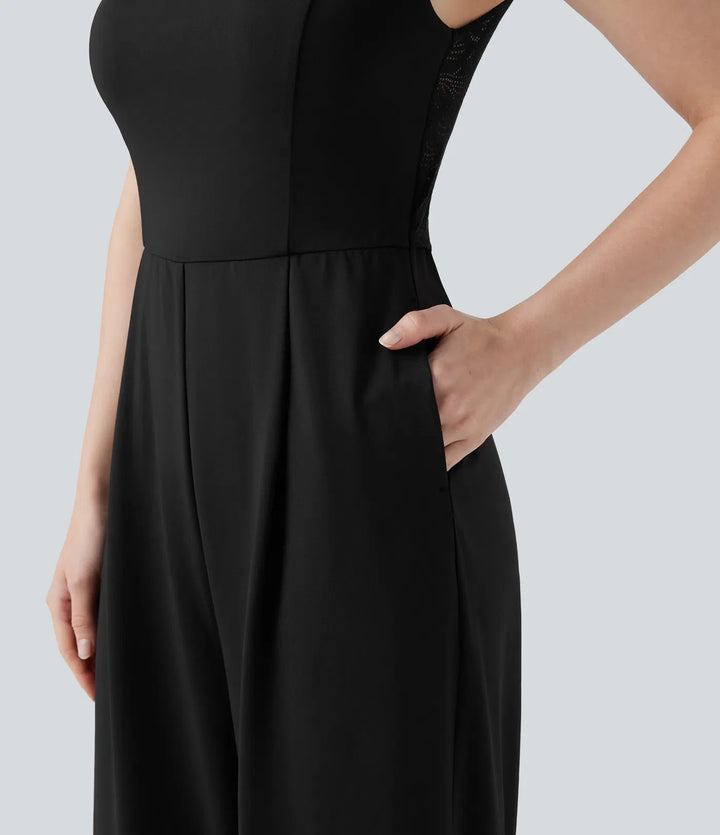 Square Neck Sleeveless Contrast Lace Bridesmaid And Wedding Guest Jumpsuit with Pockets-Easy Peezy