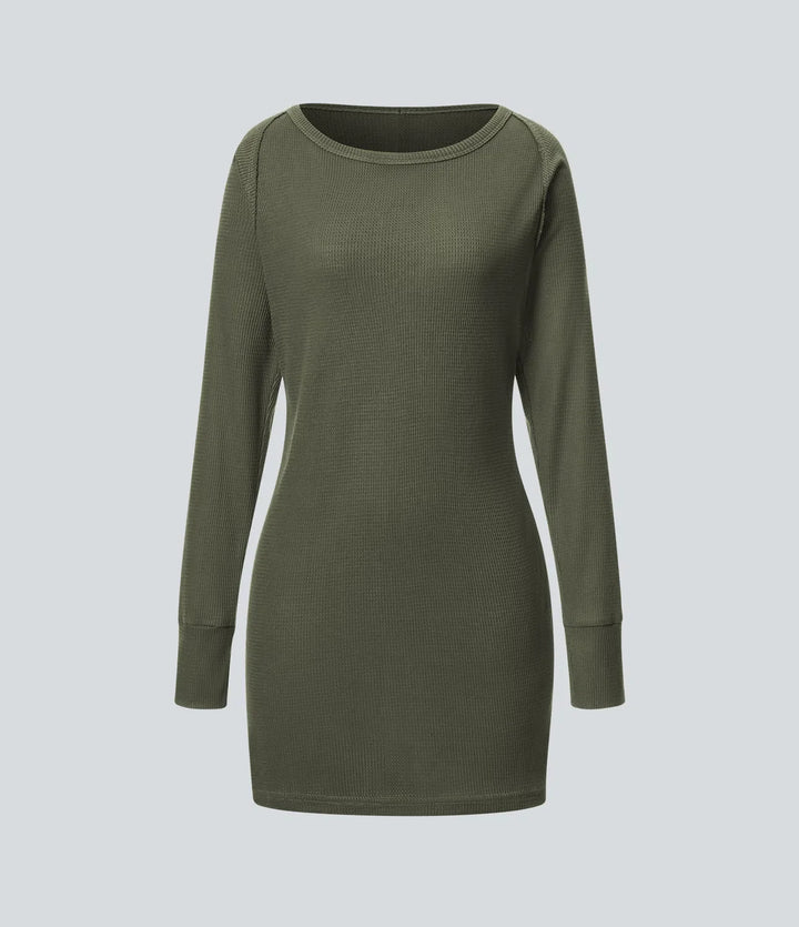 Boat Neck Raglan Sleeve Thumb Hole Hem Waffle Casual Sweatshirt Dress