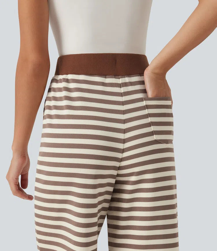 Mid Rise Drawstring Stripe Wide Leg Lounging Sweattrousers with Pockets