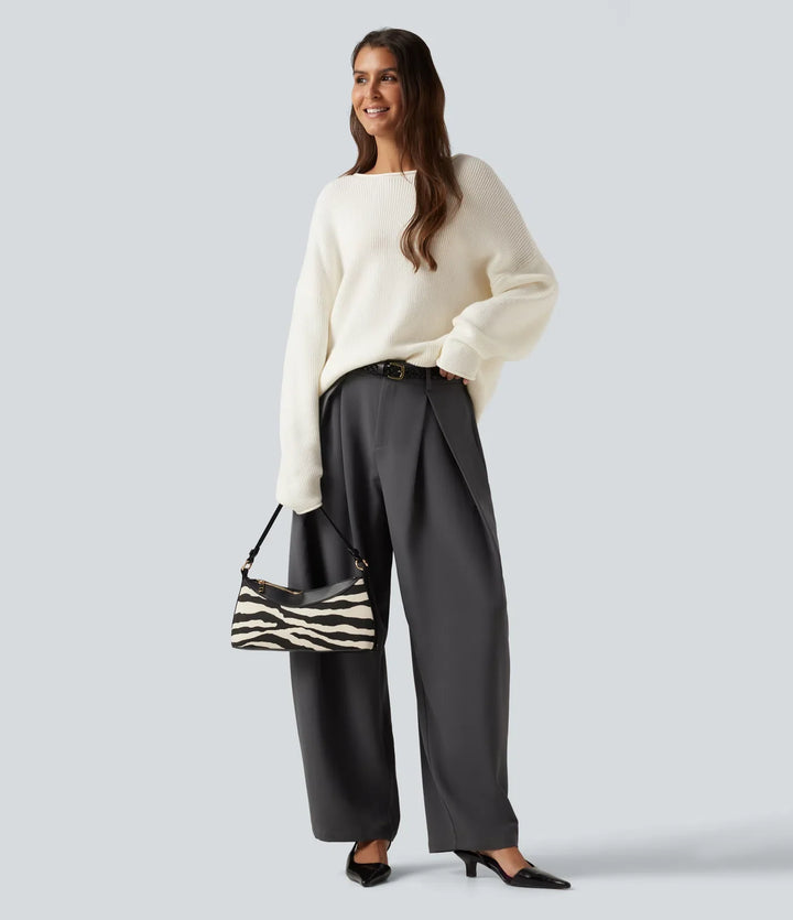 Round Neck Long Sleeve Rolled Hem Work Jumper