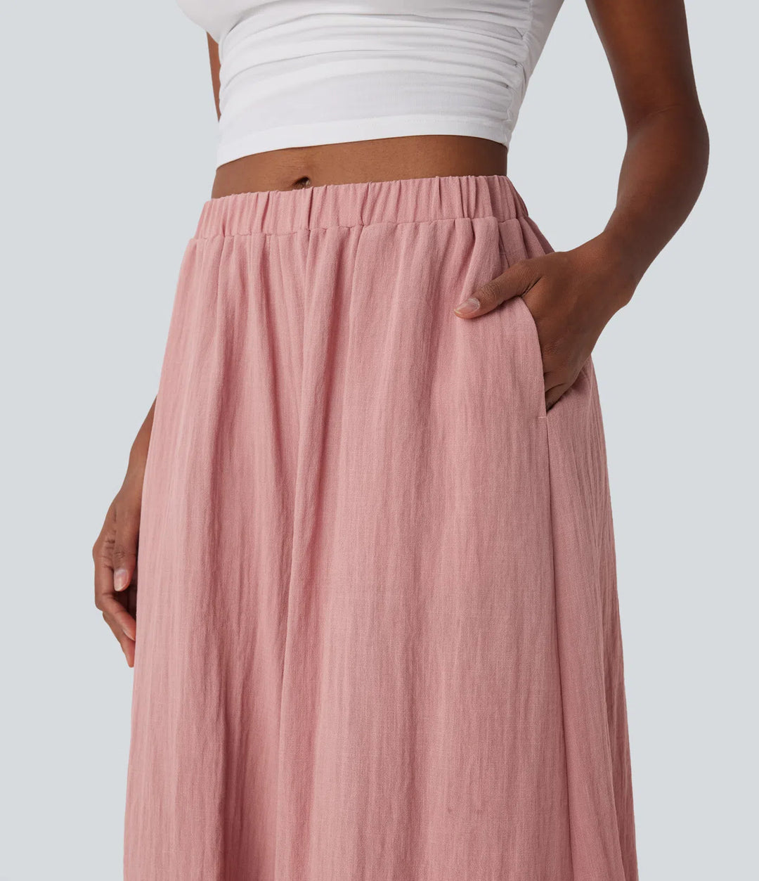 Mid Rise Wide Leg Flowy Linen-Feel Trousers with Pocket