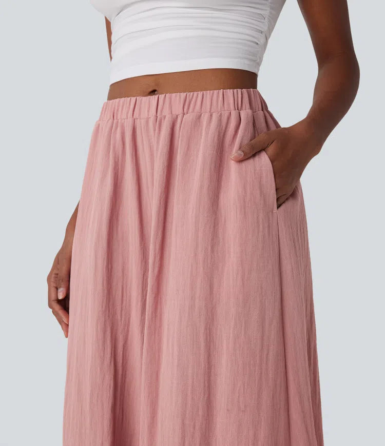Mid Rise Wide Leg Flowy Linen-Feel Trousers with Pocket