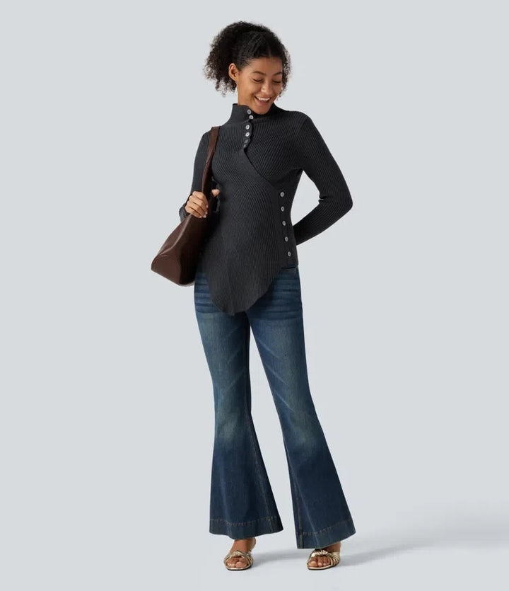 Ribbed Knit High Neck Long Sleeve Thumb Hole Crossover Hem Slim Work Jumper