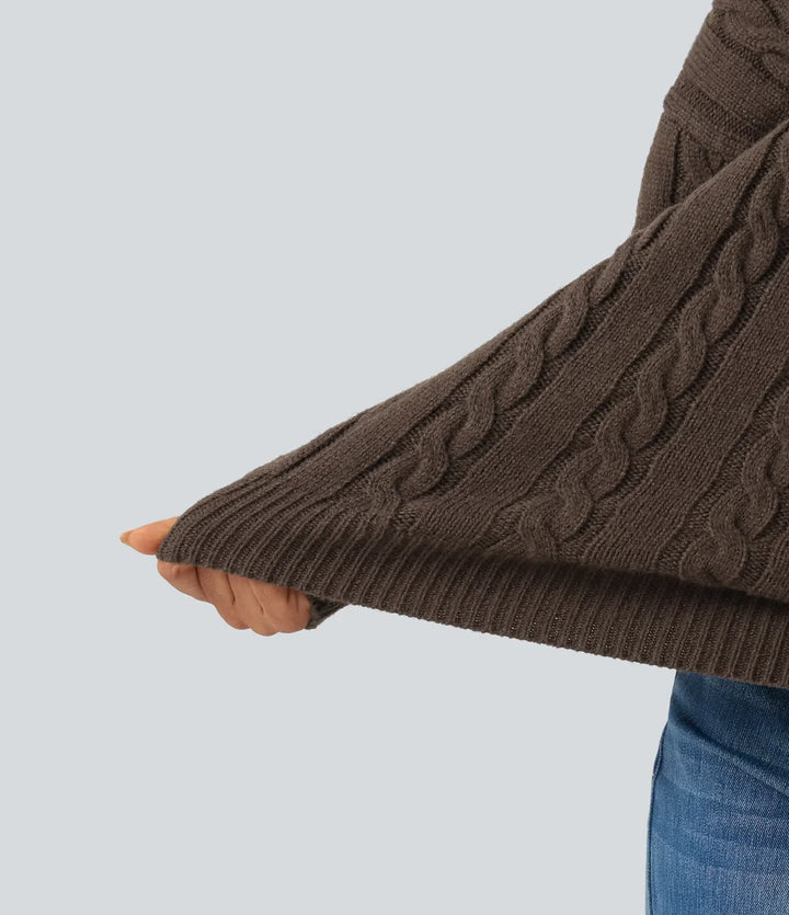 V Neck Dropped Long Sleeve Cable Knit Casual Wool-Blend Jumper