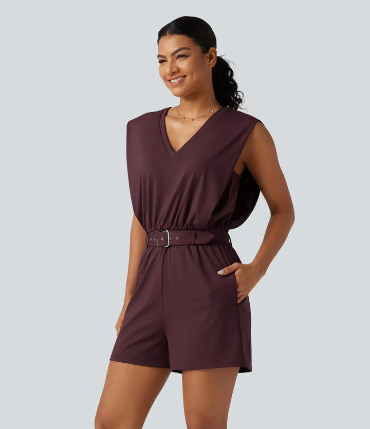 SoftlyZero Airy V Neck Sleeveless Belted InstantCool Casual Romper with Pockets-Easy Peezy Edition