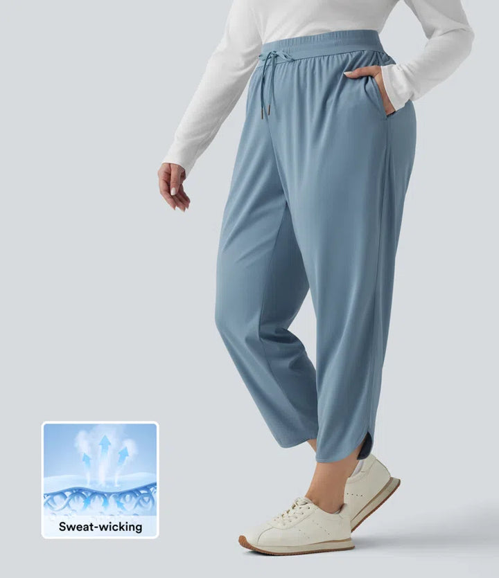 Plus Size Mid Rise Drawstring Curved Hem Quick Dry Golf Tapered Trousers with Pockets-UPF40+