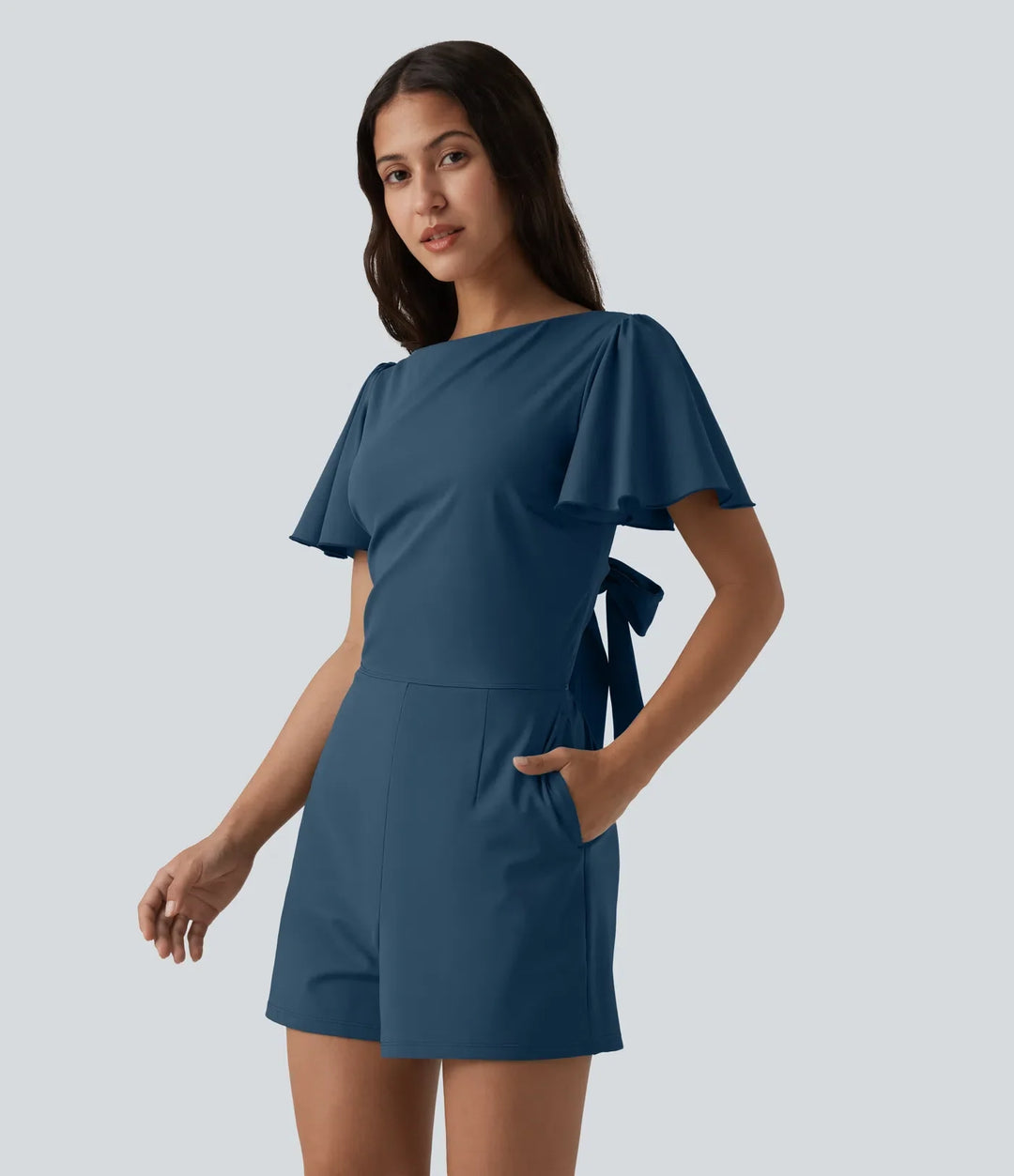 SoftlyZero Airy Flounce Short Sleeve Tie Back InstantCool Casual Romper with Pockets-Easy Peezy Edition