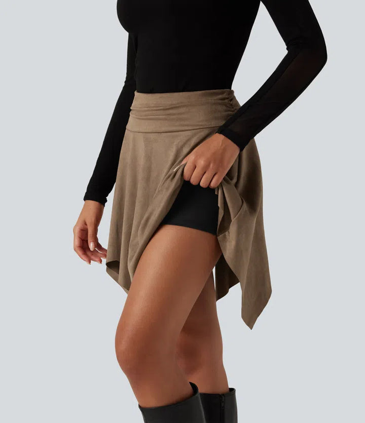 High Waisted Ruched Asymmetric A Line 2-in-1 Suede Mini Casual Skirt