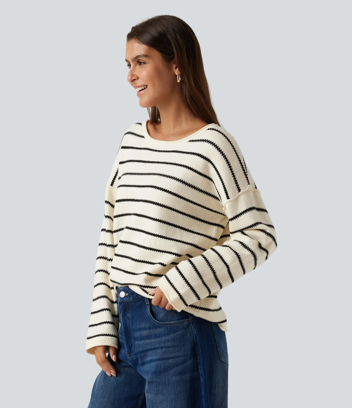 Boat Neck Long Sleeve Stripe Rolled Hem Oversized Casual Jumper