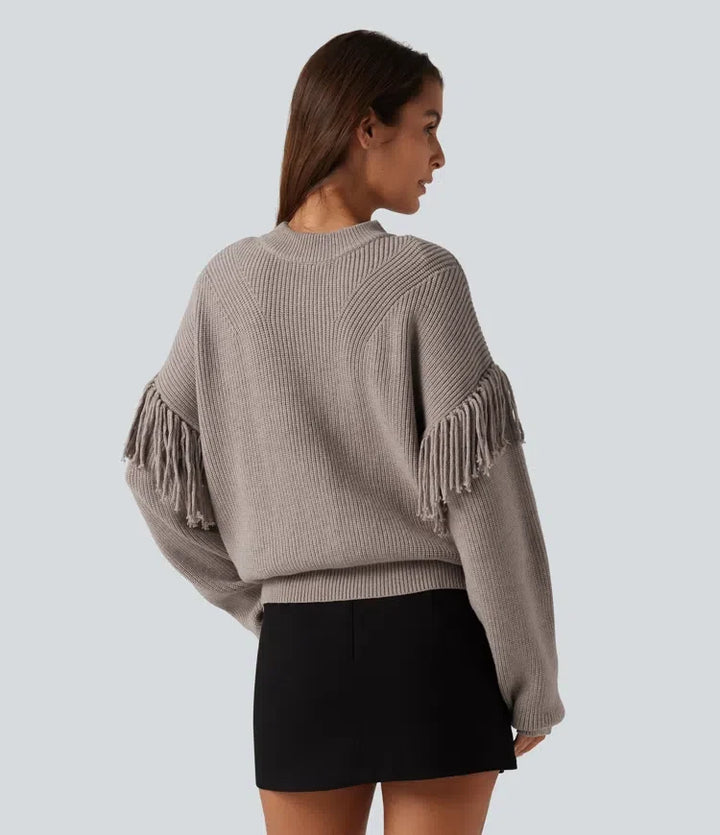 Round Neck Long Sleeve Fringe Work Jumper