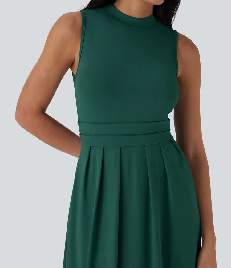 Stand Collar Sleeveless Flare Maxi Casual Dress with Side Pockets