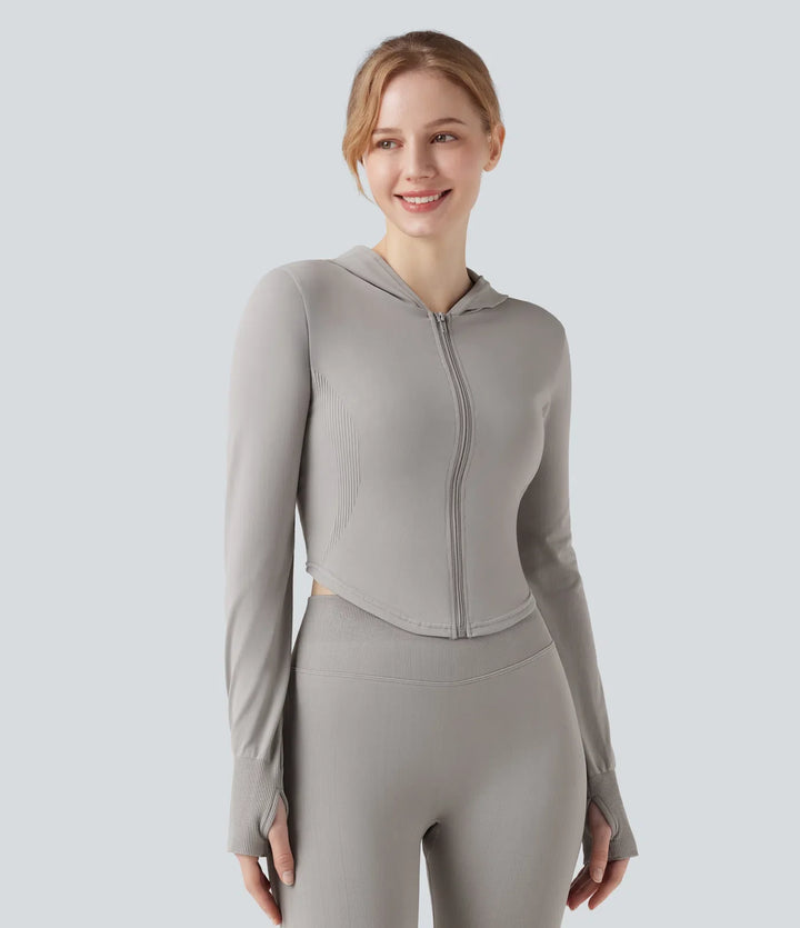 OneForm Seamless Flow Hooed Zipper Long Sleeve Thumb Hole Curved Hem Yoga Jacket