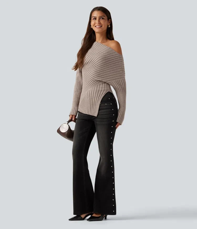 Ribbed Knit One Shoulder Long Sleeve Asymmetric Hem Casual Jumper