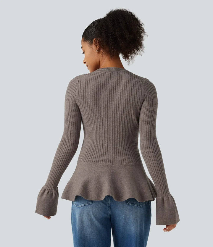 Round Neck Long Sleeve Ruffle Hem Slim Work Jumper