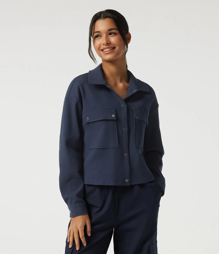 Lapel Dropped Long Sleeve Waffle Casual Jacket with Pockets