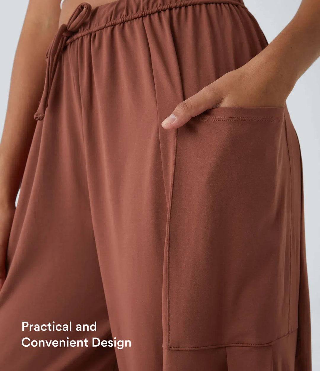 Mid Rise Elastic Waistband Drawstring Side Pocket Palazzo Flowy Wide Leg Casual Trousers