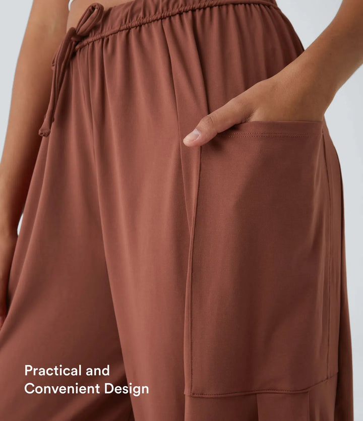 Mid Rise Elastic Waistband Drawstring Side Pocket Palazzo Flowy Wide Leg Casual Trousers