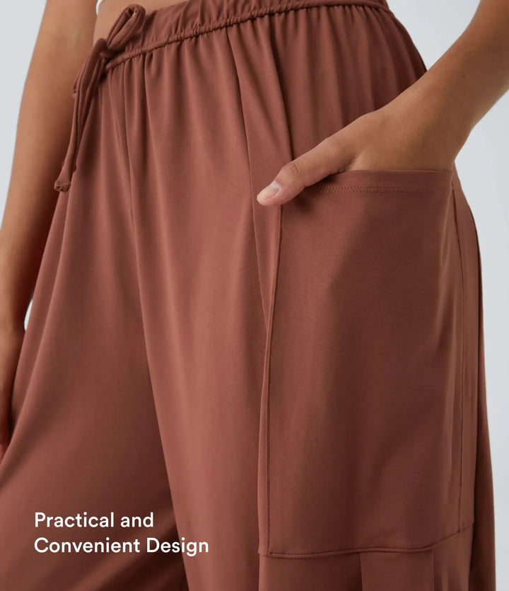 Mid Rise Elastic Waistband Drawstring Pocket Palazzo Flowy Wide Leg Baggy Casual Trousers