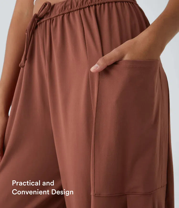 Mid Rise Elastic Waistband Drawstring Side Pocket Palazzo Flowy Wide Leg Casual Trousers