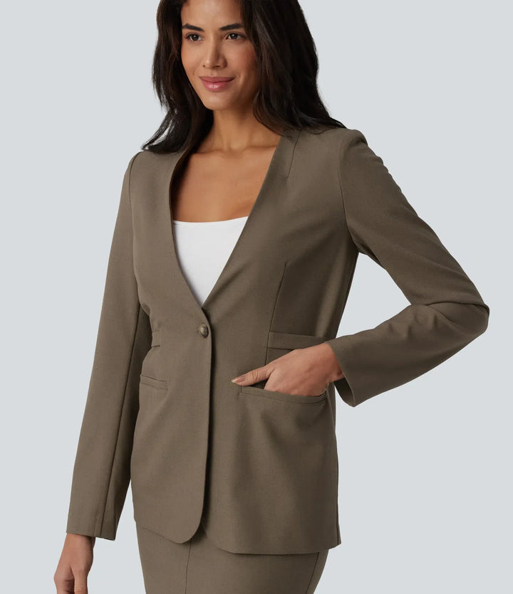 Long Sleeve Work Linen-Blend Blazer with Pockets