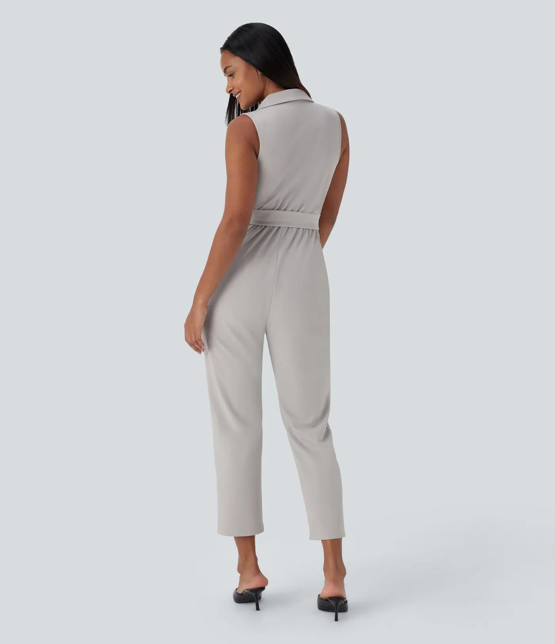 Sleeveless Pockets Belted Tapered Work Jumpsuit