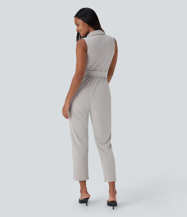 Sleeveless Pockets Belted Tapered Work Jumpsuit