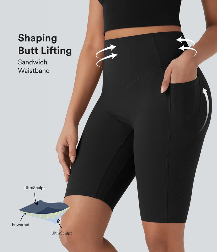 Halara UltraSculpt High Waisted Scrunch Butt Lifting Tummy Control Side Pocket Shaping Workout Biker Shorts 9&