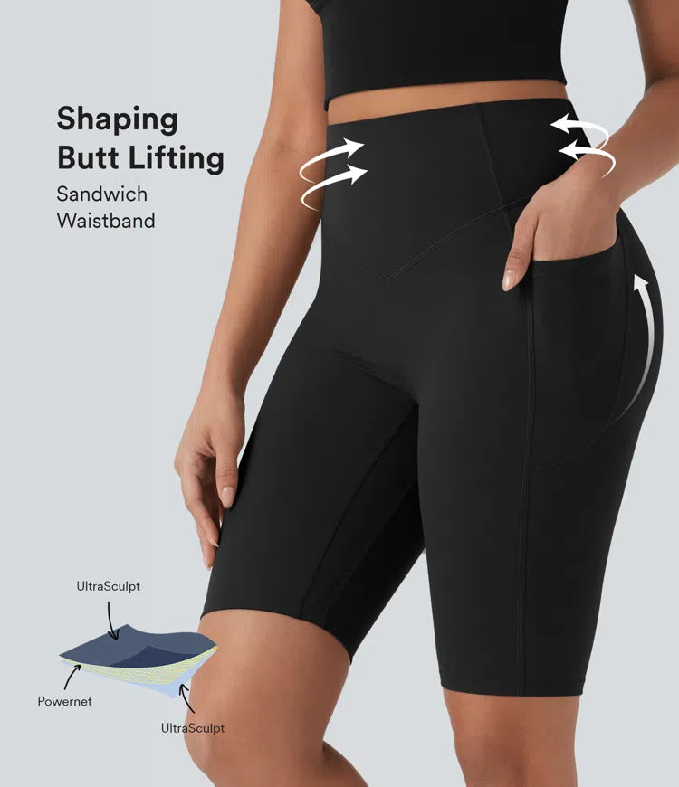 Halara UltraSculpt High Waisted Scrunch Butt Lifting Tummy Control Side Pocket Shaping Workout Biker Shorts 9&