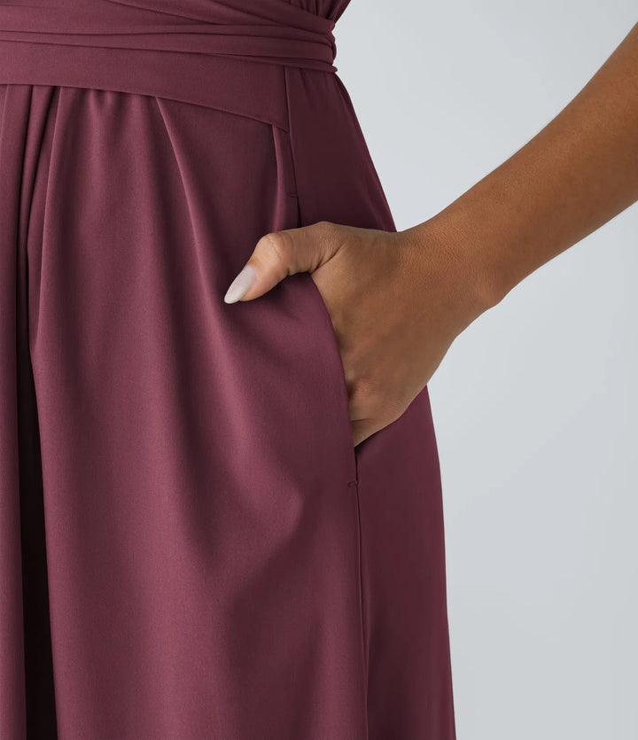 Breezeful V Neck Short Sleeve Pocket Tie Back Quick Dry Midi Casual Dress-Longer Length