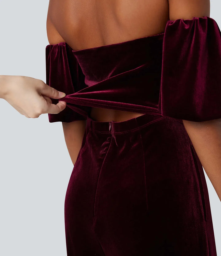 Tube Puff Sleeve Split Velvet Party Jumpsuit-Easy Peezy