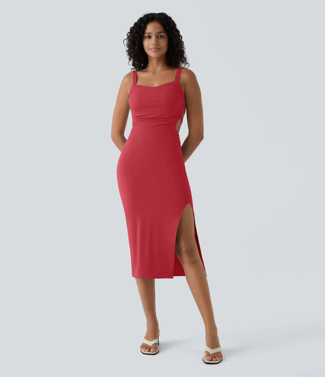 Ruched Backless Crisscross Lace Up Split Bodycon Midi Casual Dress