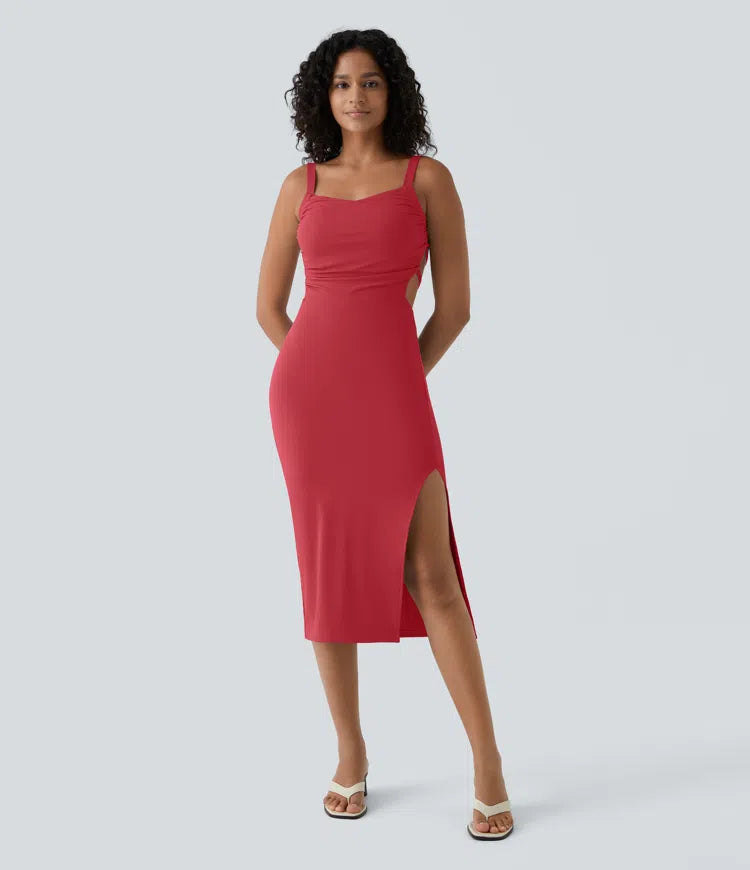 Ruched Backless Crisscross Lace Up Split Bodycon Midi Casual Dress