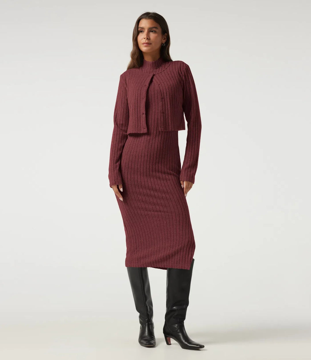 Mock Neck Long Sleeve 2 Piece Bodycon Work Midi Dress