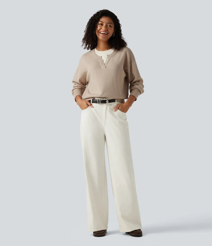 Round Neck Dropped Long Sleeve Color Block Work Jumper