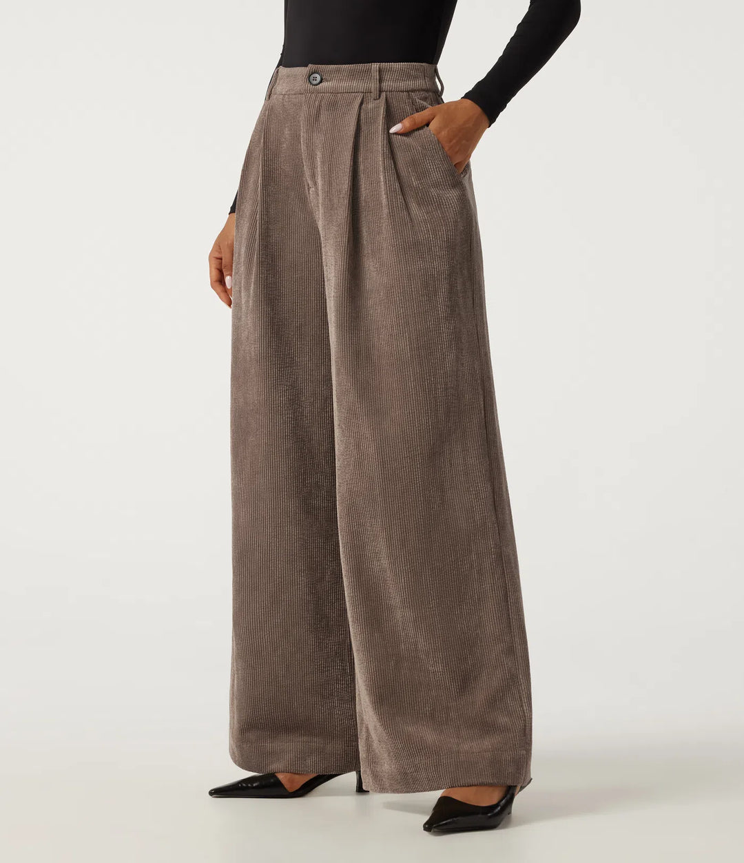 High Waisted Wide Leg Corduroy Work Trousers with Pockets